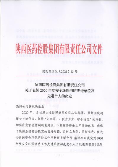 陜藥集團發(fā)〔2021〕13號關(guān)于表彰2020年度安全環(huán)保消防先進(jìn)單位及先進(jìn)個人的決定